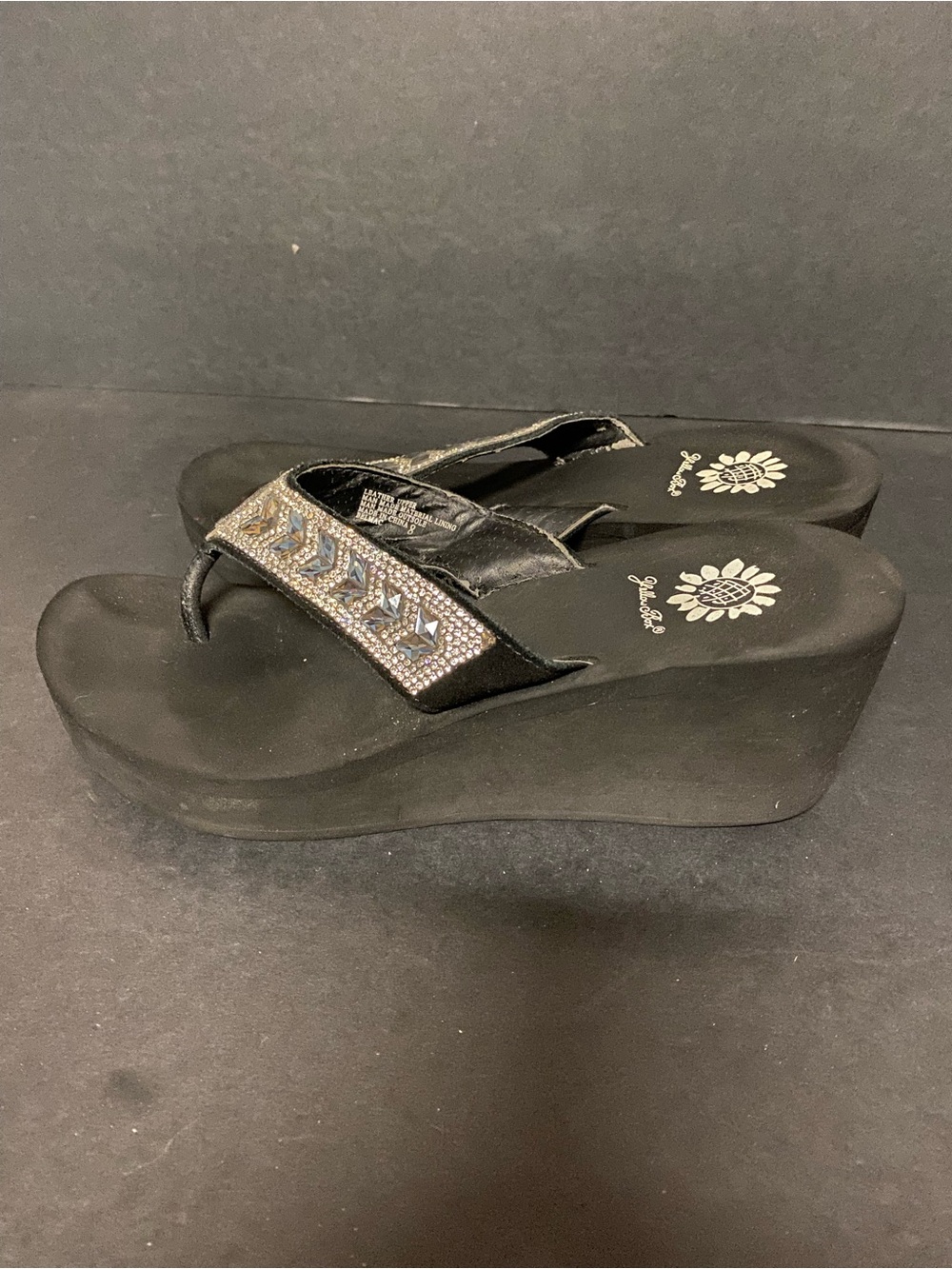 Yellow Box Black Jeweled Wedge Thong Sandal - Picture 2 of 4